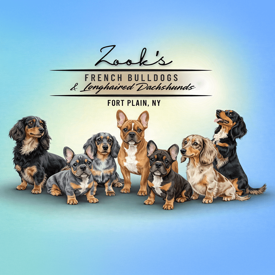 Group of tricolor and merle French Bulldog puppies and dapple longhaired Dachshunds from Zook's in Fort Plain, NY.