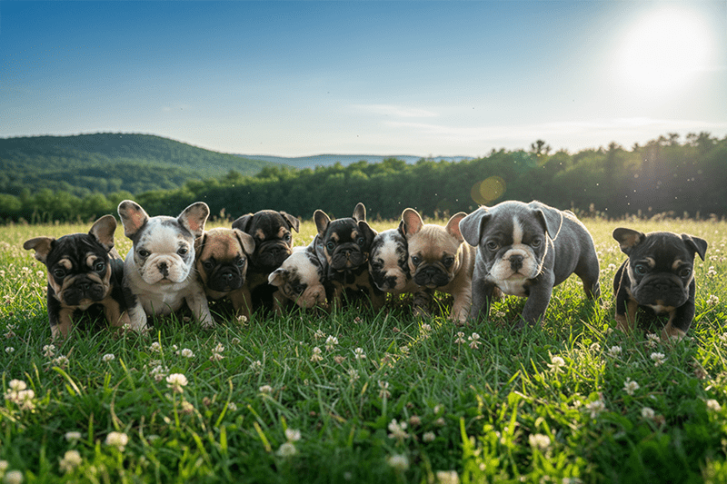 A group of French Bulldog puppies in a variety of colors, including blue, tan, and merle, standing in a grassy field on a sunny day in upstate New York.