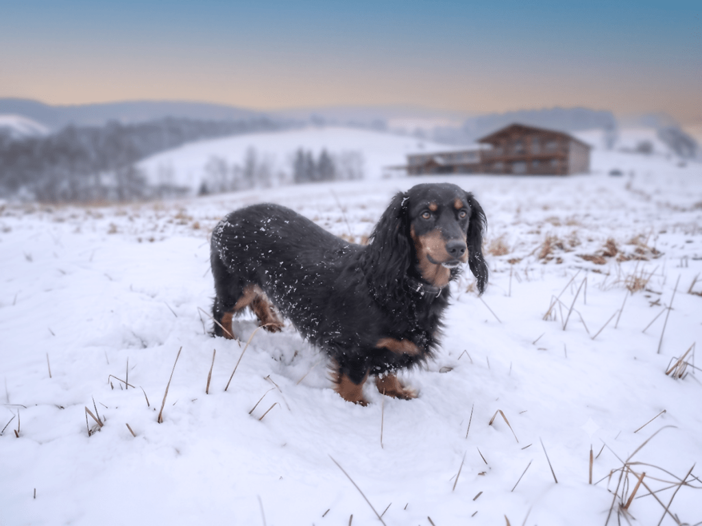 A black and tan longhaired silky dachshund standing in a snowy field, illustrating the winter coat grooming needs for dogs living in the Albany, NY area.