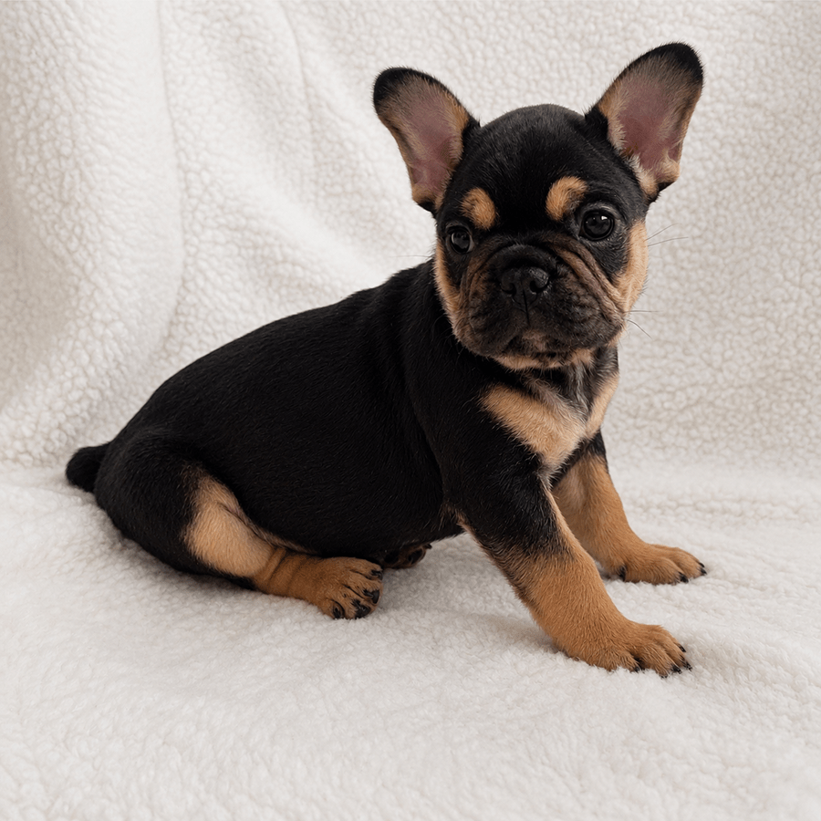 Black and tan French Bulldog puppy with tri markings on a white blanket at Zook’s Frenchies in Fort Plain, NY, near Albany and Upstate New York.
