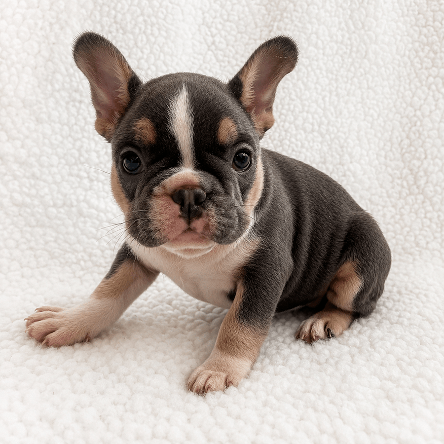 Blue and tan French Bulldog puppy with tri markings on a white blanket at Zook’s Frenchies in Fort Plain, NY, near Albany and Upstate New York.