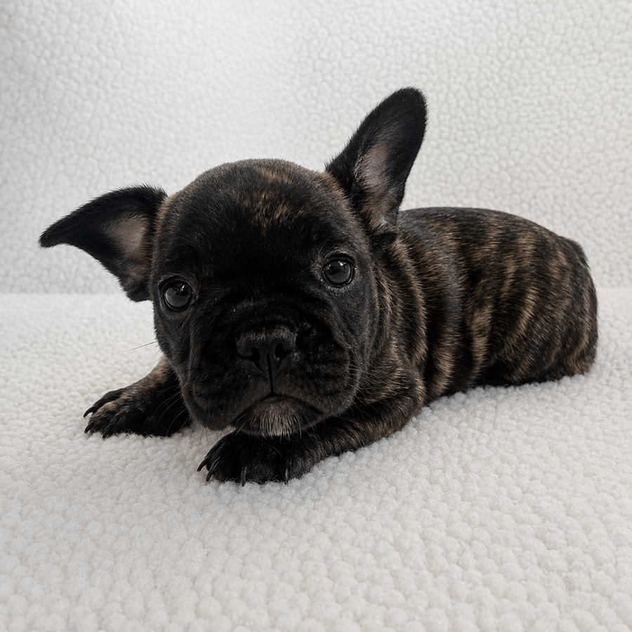 Brindle French Bulldog puppy lying on a white blanket at Zook’s Frenchies in Fort Plain, NY, near Albany and Upstate New York.