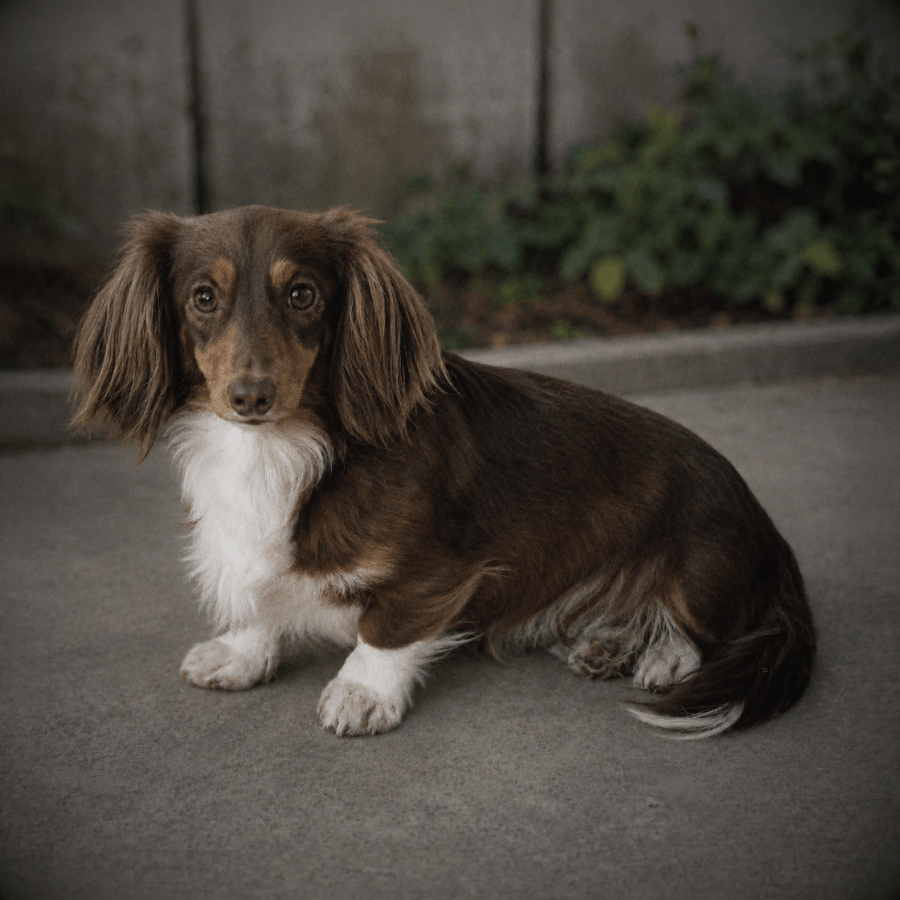 A beautiful adult chocolate tri longhaired silky dachshund sitting outside, showcasing the high-quality coat and structure bred by Zook's Dachshunds located near Albany, NY.