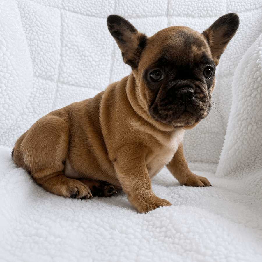 Fawn merle Frenchie puppy with a black mask on a white blanket at Zook’s Frenchies in Fort Plain, NY, near Albany and Upstate New York.