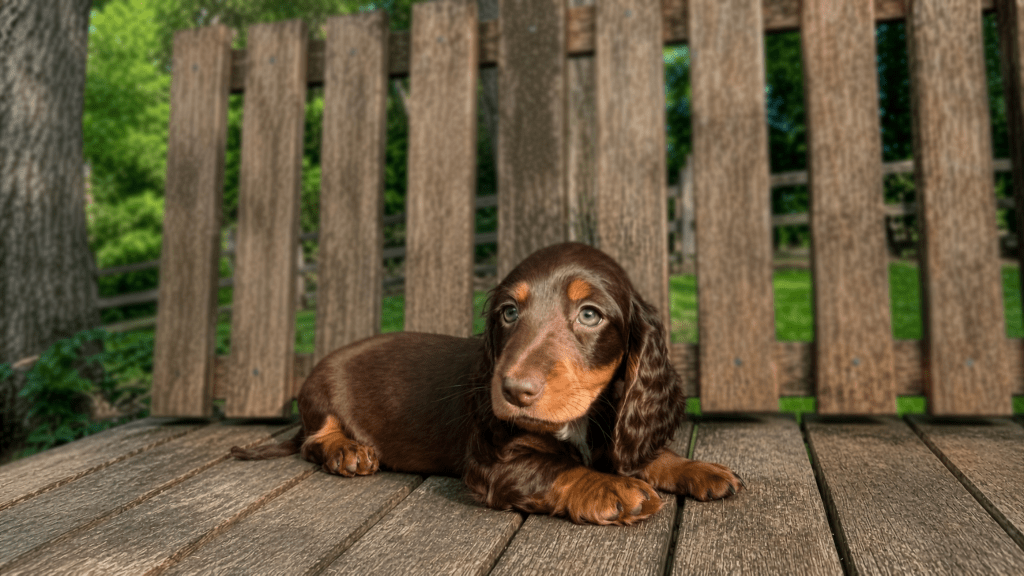 A chocolate and tan longhaired silky dachshund puppy resting outdoors, raised by Zook's, a local breeder serving families near Albany, NY.