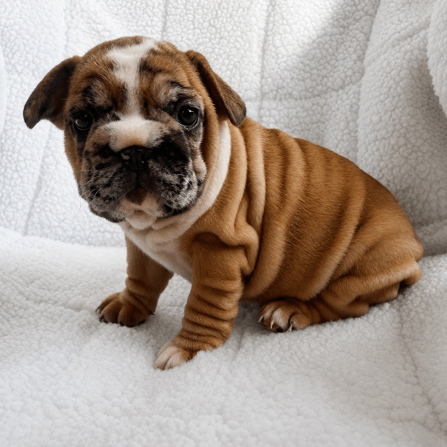 Red merle French Bulldog puppy with big rope, white blaze, and wrinkly build on a white blanket at Zook’s Frenchies in Fort Plain, NY, near Albany.