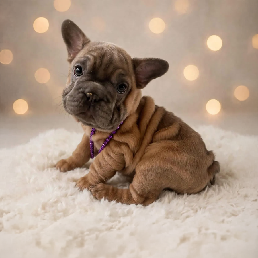 A blue fawn French Bulldog puppy with a lot of wrinkles