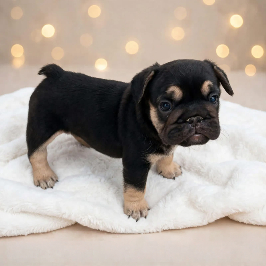 A black and tan French Bulldog puppy gazing at the camera