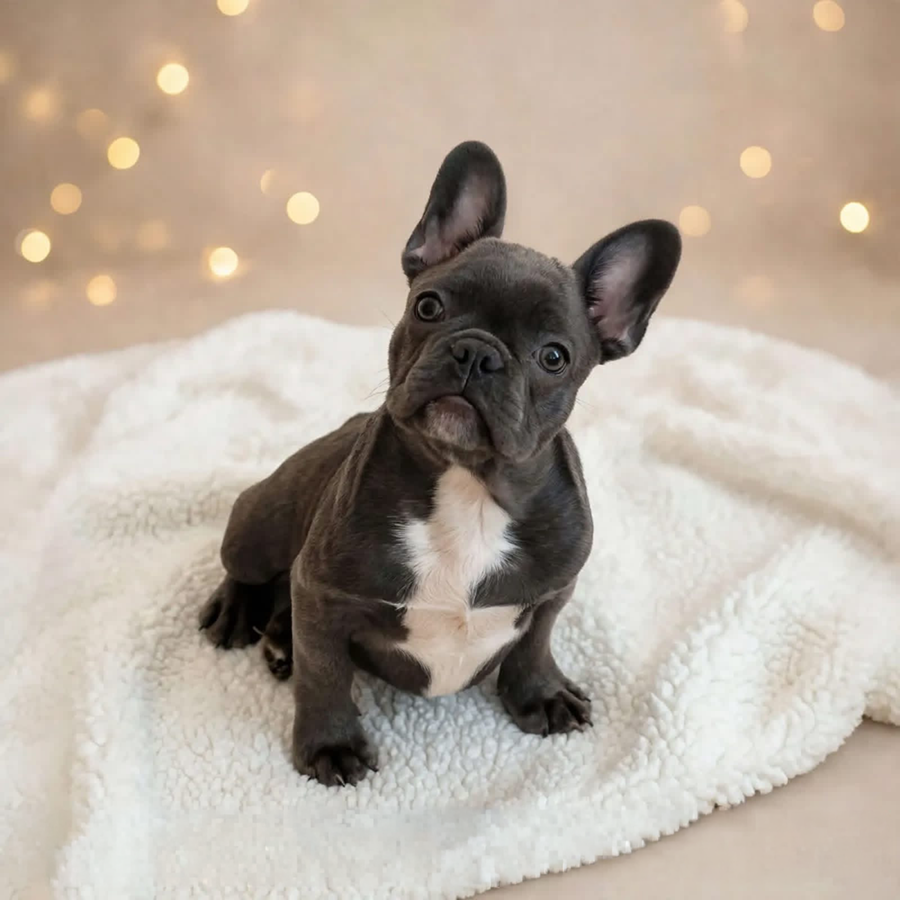 An adorable blue French Bulldog puppy sitting on a white fuzzy blanket.