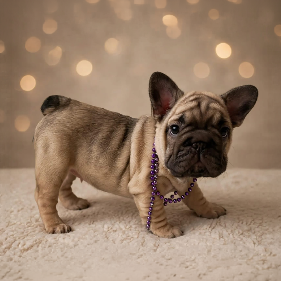 A very wrinkled up sable Frenchie puppy
